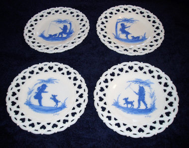 The Only Four in the World!  Mary Gregory Blue on White Plates, Westmoreland Glass