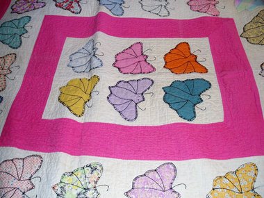 Handsewn Butterfly Quilt, Pink and White