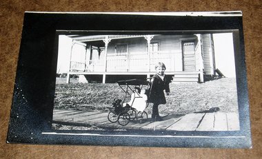 RPPC Real Photo, Girl with Dolls in Carriage/Stroller on Boardwalk