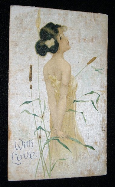 Silk Postcard Raphael Kirchner, Girl Amid Bulrushes, Art Nouveau
