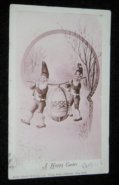 Easter Postcard, Gnomes or Elves Carrying an Easter Egg