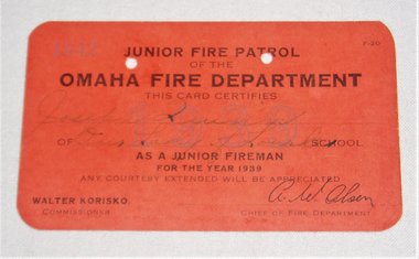 Junior Fire Patrol, Omaha Fire Department, 1939 Membership Card