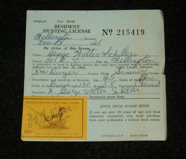 Kansas Hunting License, 1961, with Kansas Upland Game Bird Stamp Attached