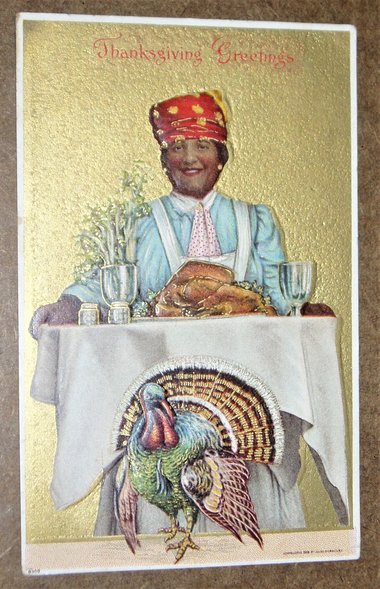 Thanksgiving Postcard, Black or Native Woman Serving a Turkey, Julius Bien, #9300