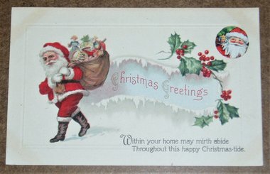 Postcard, Santa With an Elflike Look Carrying Toys