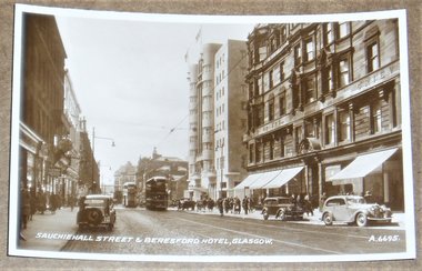 RPPC Postcard, Glasgow Scotland, Sauchiehall Street & Beresford Hotel