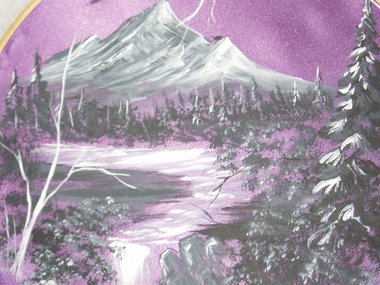Painted Satin Fabric Picture in Embroidery Hoop, Purple Mountain Scene
