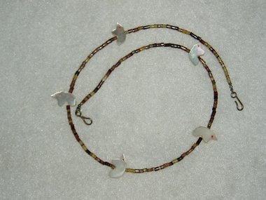 Handmade Necklace, Olive Shell and Mother of Pearl Bear Fetishes